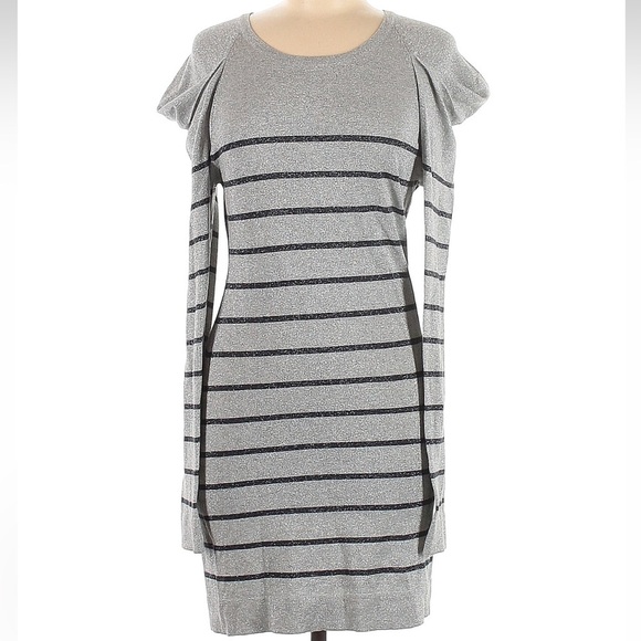 Bebe Metallic Gray Shimmer Sweater Dress Navy Stripe Size Medium M Y2K - Picture 6 of 6
